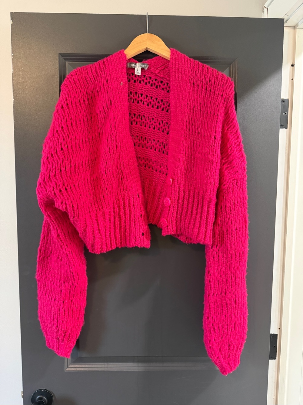 Urban Outfitters Hot Pink Cropped Open-Knit Button Cardigan